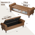 YOUDENOVA 60" Entryway Bench with Storage, PU Leather End of Bed Bench with Tufted Button, Upholstered Ottoman Bench with Rolled Arms for Living Room, Storage Room, Bedroom, Brown