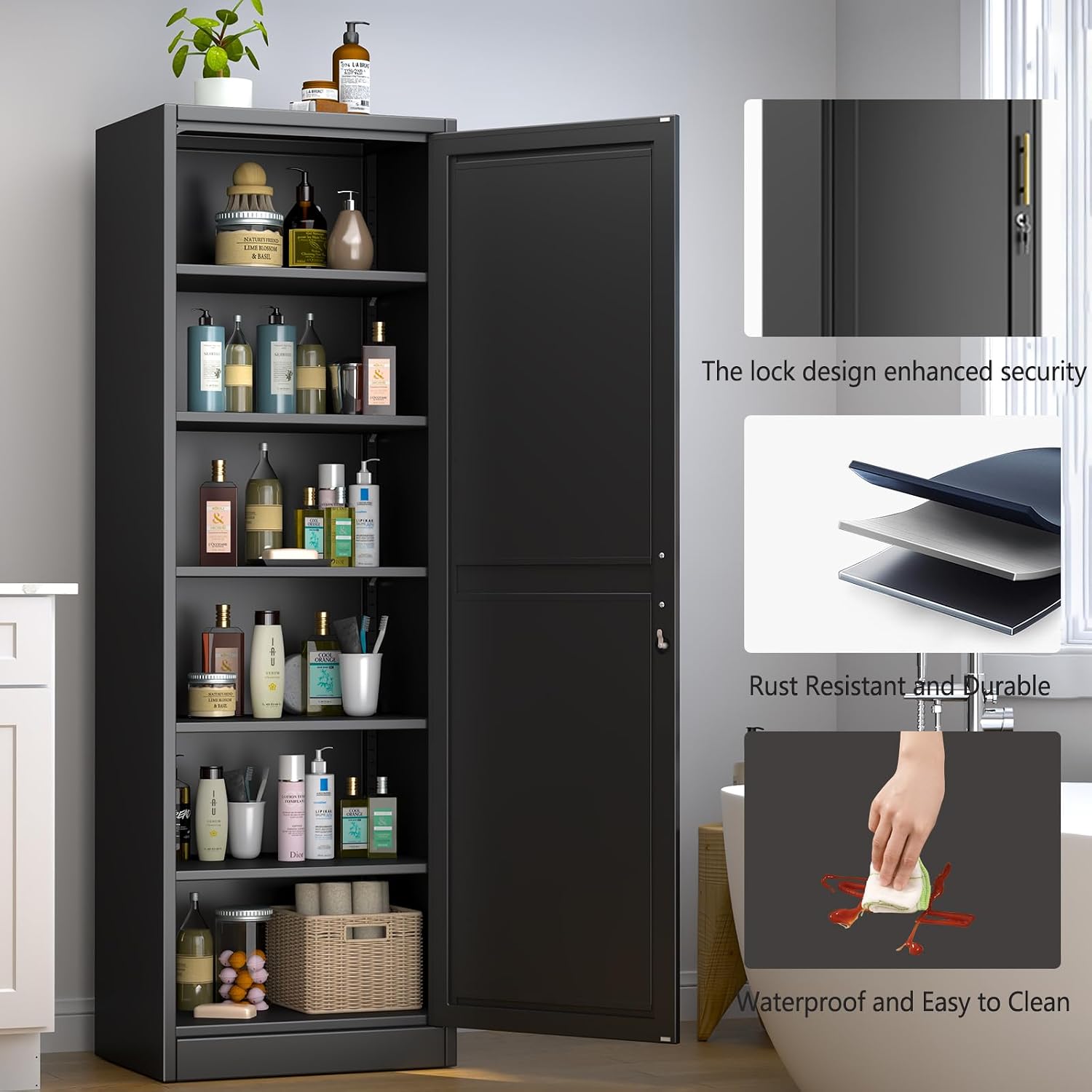 Metal Narrow Pantry Cabinet with Doors and Shelves, 67" H Tall Locker Cabinet for Kitchen, Living Room, Bathroom, 1 Door with Lock, Black