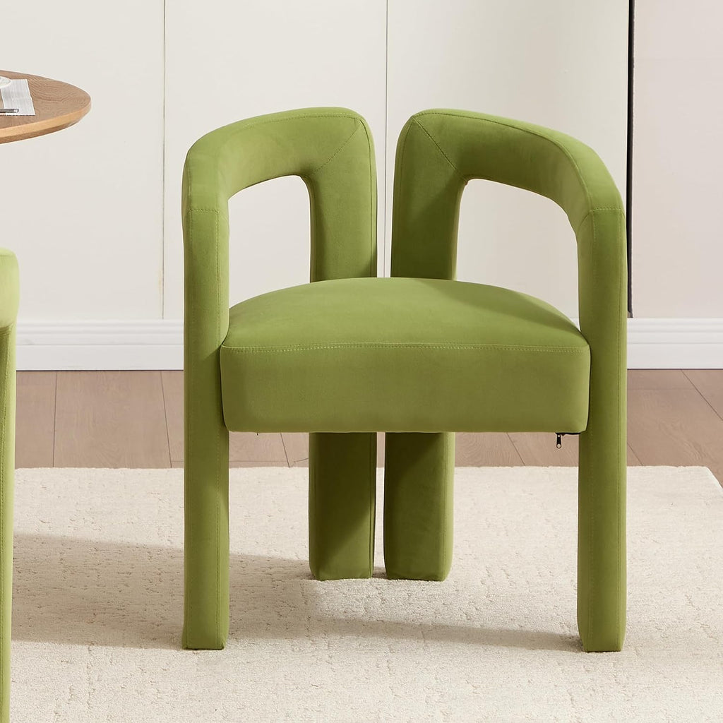 Modern Velvet Dining Chairs Set of 1, Mid Century Modern Upholstered Accent Chair with Curved Backrest and Armrests, Round Thick Cushion Kitchen Chair with Metal Legs (1pcs Velvet Green)