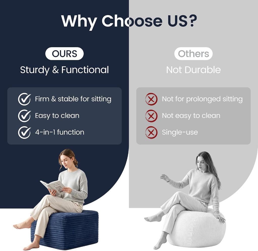 27.6" Floor Ottoman, Plush Corduroy Ottoman Foot Rest for Couch in a Box, Compressed Soft Foam Footrest No Assembly Require, Large Square Footstool for Living Room, Bedroom, Blue