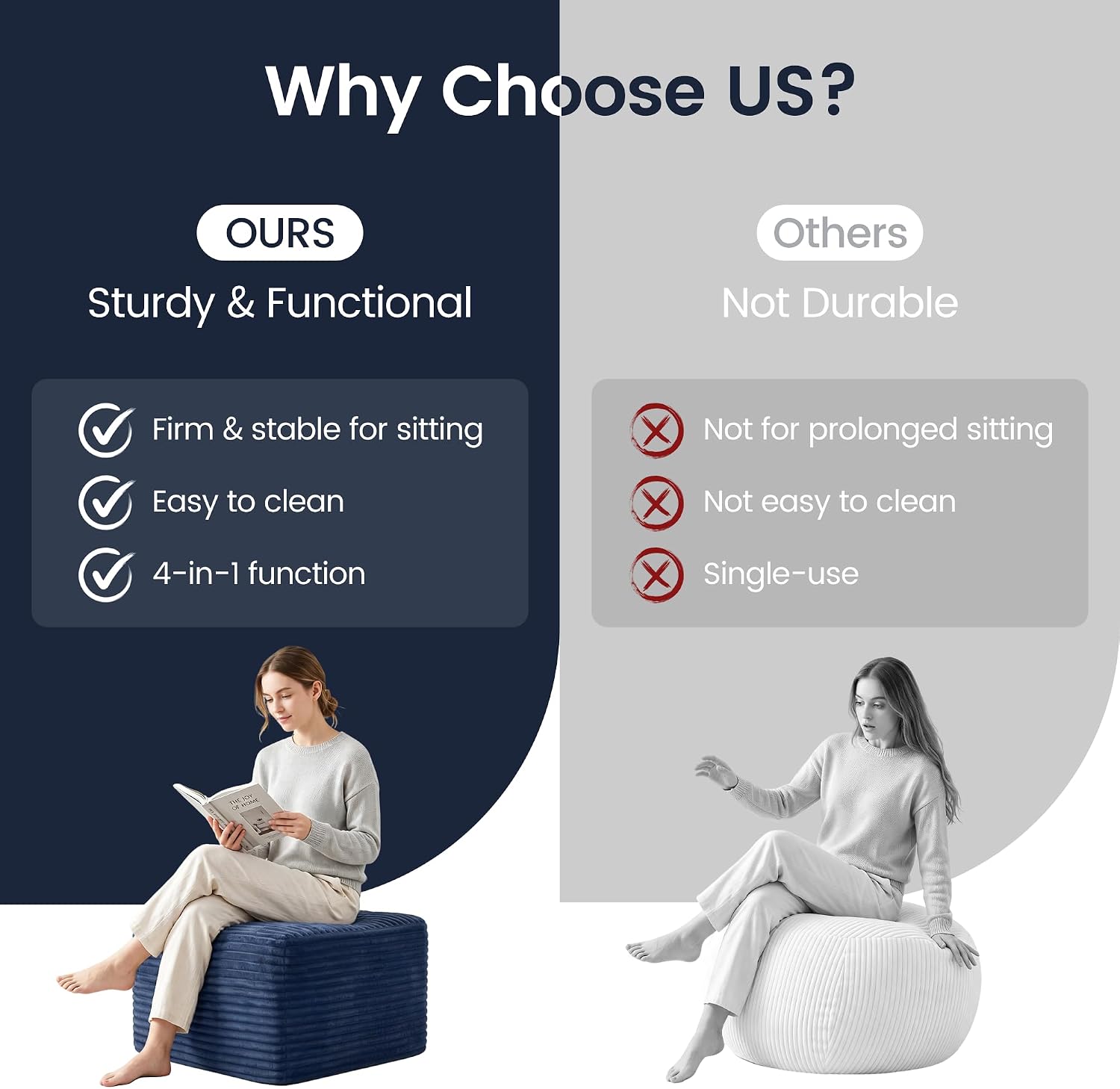 27.6" Floor Ottoman, Plush Corduroy Ottoman Foot Rest for Couch in a Box, Compressed Soft Foam Footrest No Assembly Require, Large Square Footstool for Living Room, Bedroom, Blue