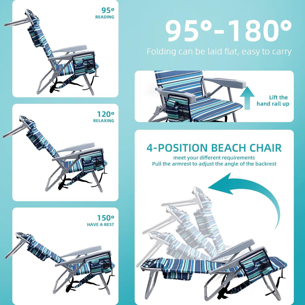 Yestomo Beach Chairs for Adults Heavy Duty, Compact Portable Lay Flat Folding Chair with Backpack Straps and Large Cooler Pouch, Support to 350LBS (2 Pack Stripes_Blue&Cyan)