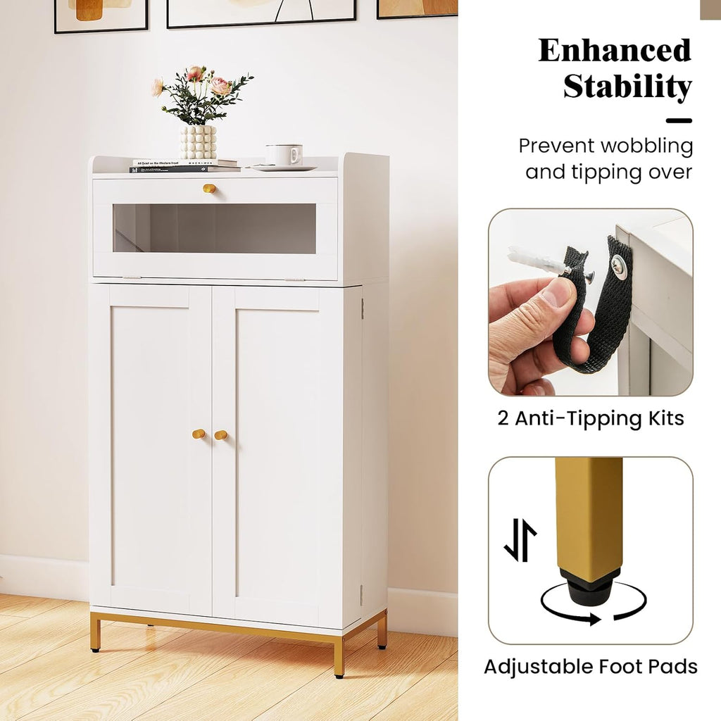 LOKO Kitchen Pantry Cabinet, Freestanding Food Storage Cupboard with Power Outlet & APP Control LED Lights, Modern Buffet Sideboard with Acrylic Flip Door & Shelves for Dining Room, White and Gold