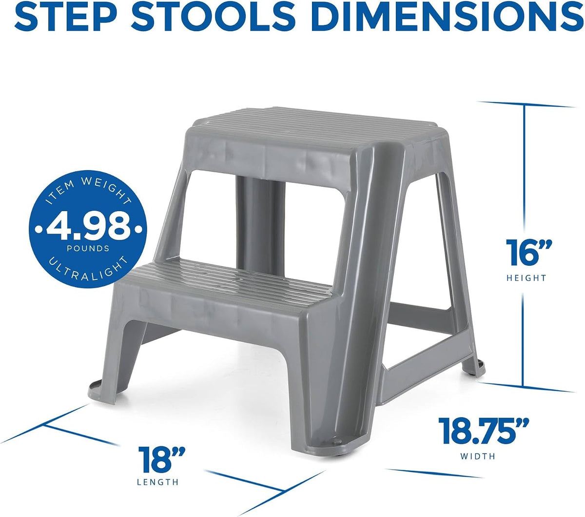 Gracious Living 16-Inch Tall Plastic 2-Step Stool, Gray, 4 Pack | Portable Dual Step Ladder Foot Stool for Kitchen, Bathroom, Bedroom & Garage