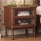 Vintage Wooden Nightstand Antique Bedside Table with 2 Floral Glass Drawers Mid-Century Modern Storage Cabinet End Table (Black)