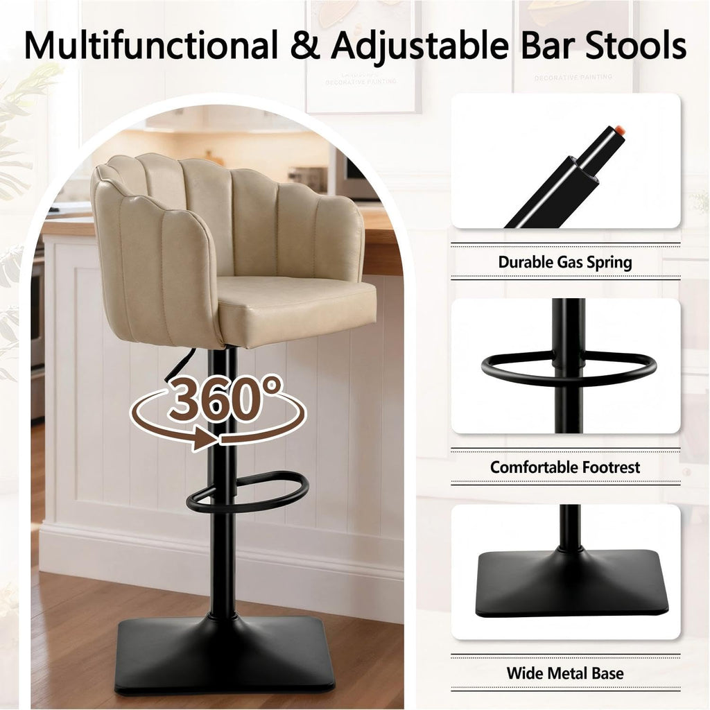 Swivel Bar Stools Set of 2: 24.8" to 32.7" Height Adjustable PU Upholstered Barstools for Counter Kitchen Island Tall Metal Bar Stool Black & Beige
