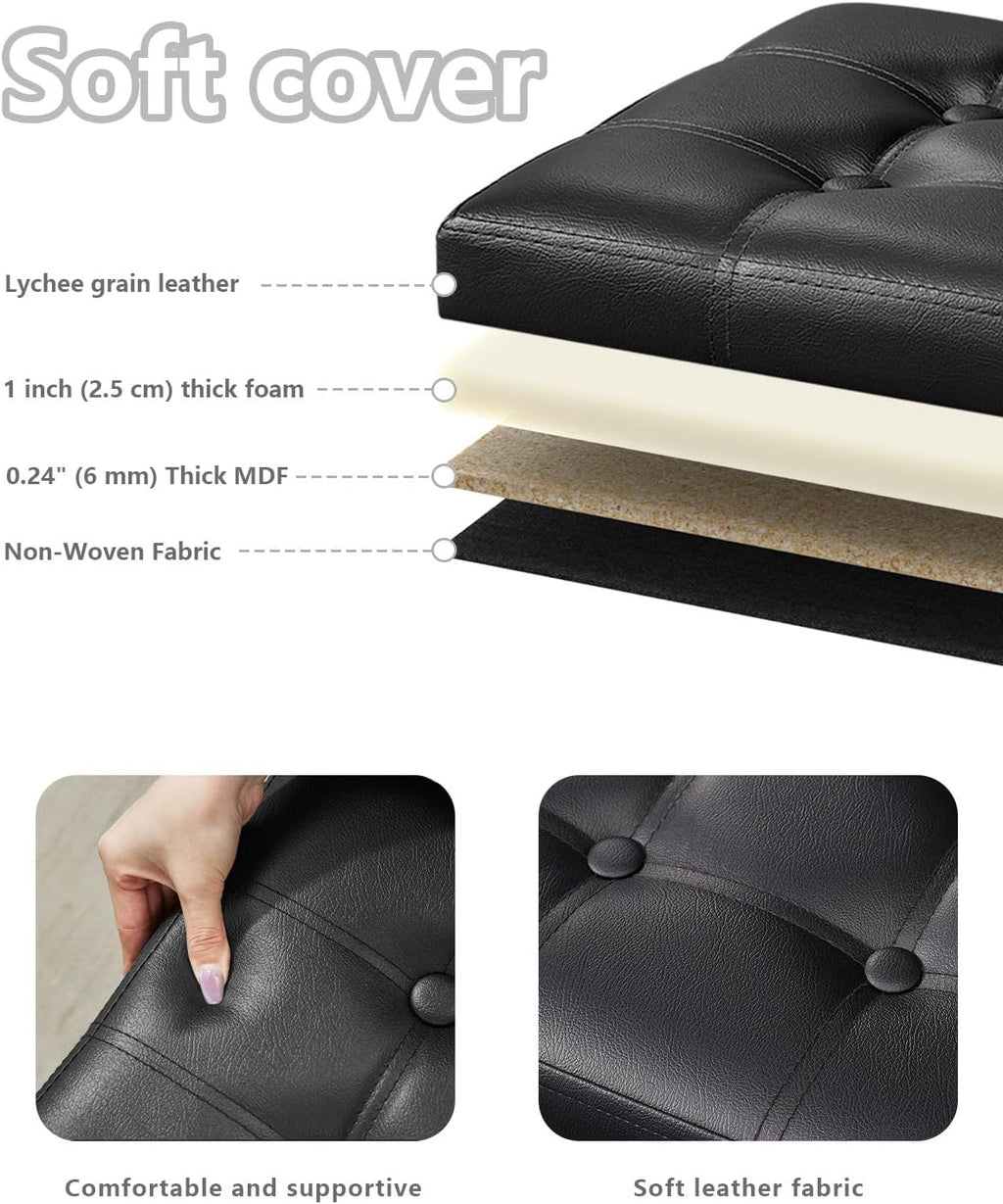 Bsketa Storage Ottoman Bench, 17" Folding Leather Foot Rest,Black 2 Pack | Ottoman with Storage, Thicker Foam Padded Seat, Living Room, Dorm, Bedroom, Load 330 lbs, Easy to install, 17x13x13in