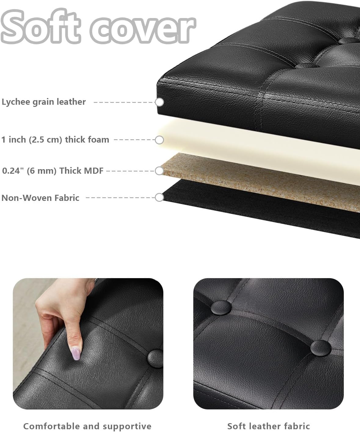 Bsketa Storage Ottoman, Folding Foot Stool with Thicker Foam Padded Seat Small Leather Storage Ottoman Bench Foot Rest for Living Room Foldable Coffee Table 17x13x13in,Black