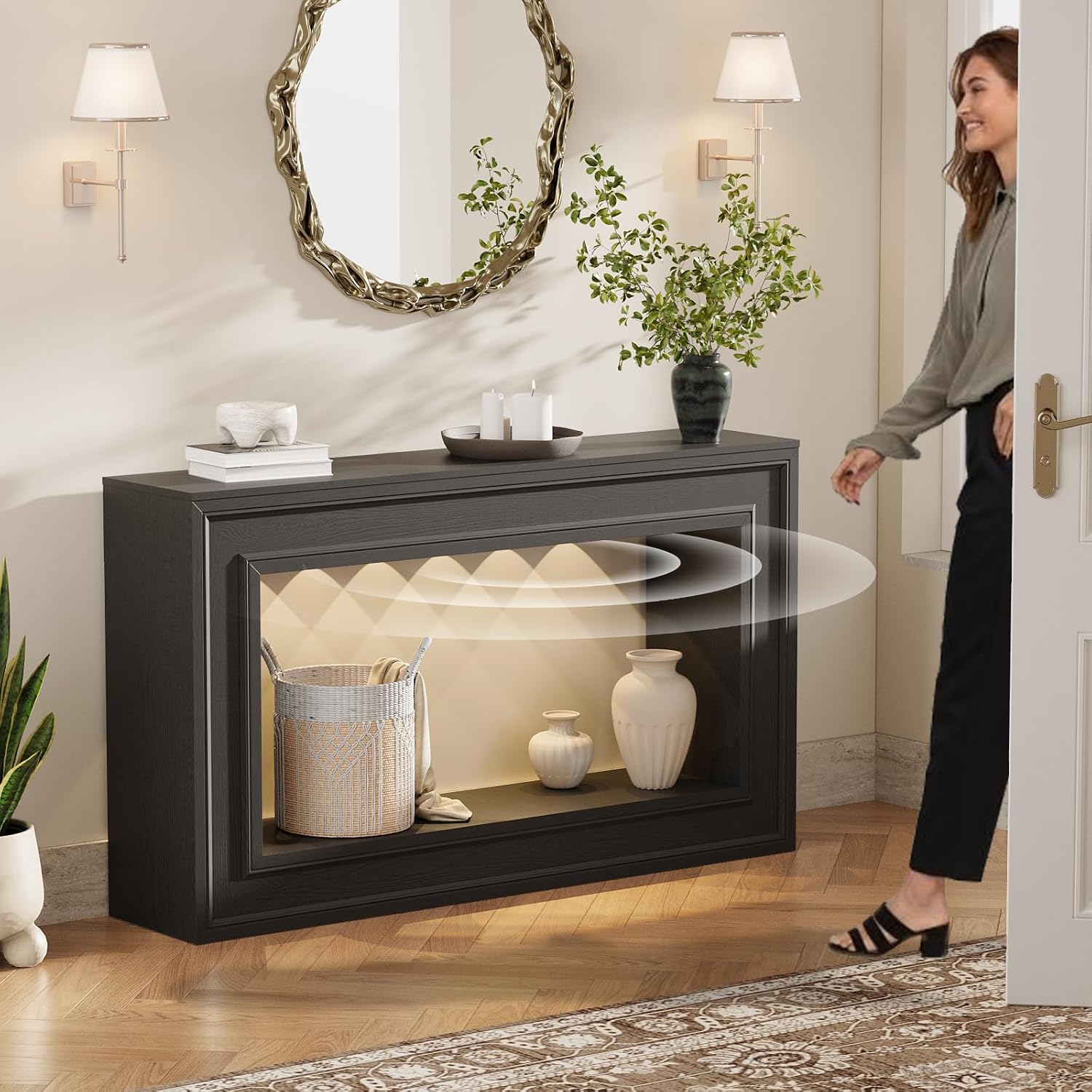 Rresyet 55" Long Console Tables with LED Lights, Narrow Console Tables for Entryway, 2-Tier Table Behind The Sofa, Modern Hallway Accent Table for Living Rooms, Corridors, and Foyers (Black)