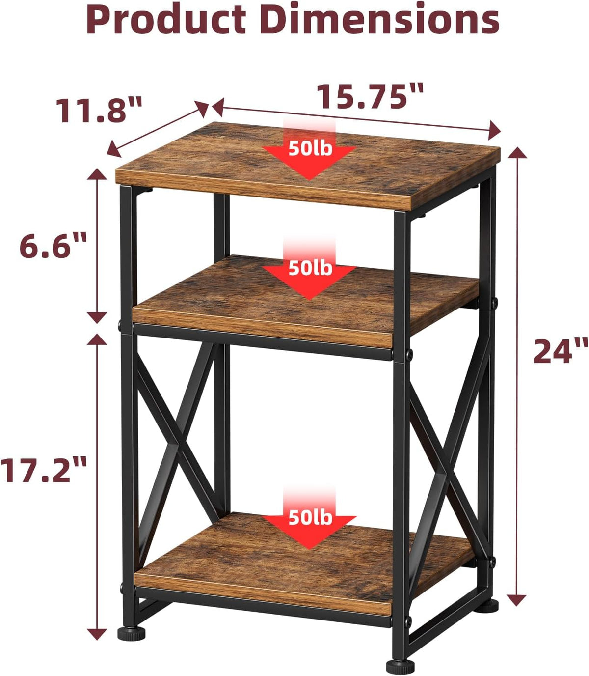 Simple Trending Side Table, End Table with 3 Tiers Open Shelves, Bedside Table for Sofa Couch, Nightstand, Living Room, Bedroom, Rustic Brown