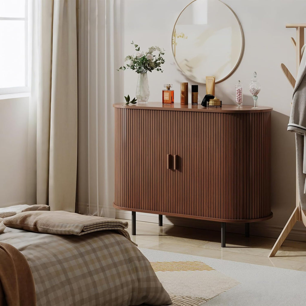 Buffet Sideboard Cabinet with Fluted Sliding Door, 40" Storage Console Table with Adjustable Shelf for Kitchen, Entryway, or Living Room, Modern Accent Coffee Bar, Walnut