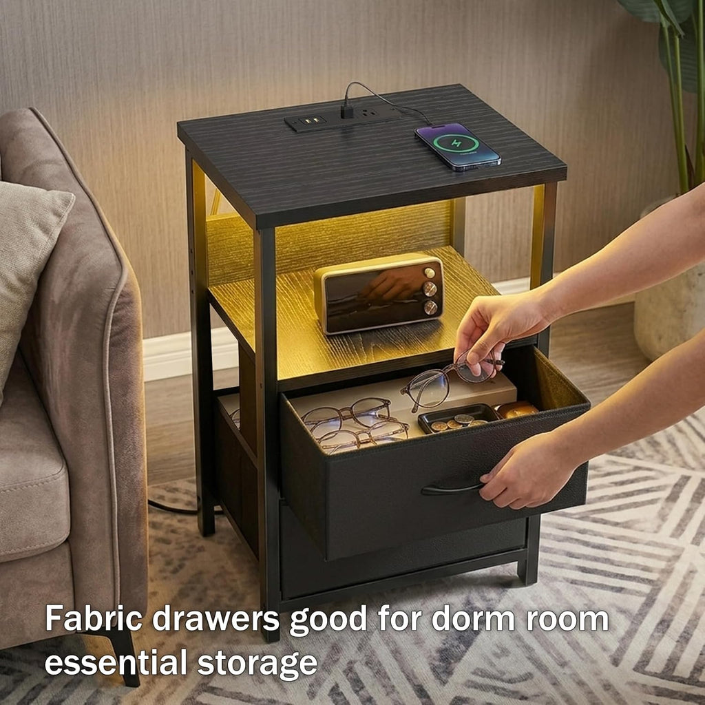 Fixwal Night Stand with Charging Station (2 AC Outlets & 2 U-S-B Ports) LED Nightstand Small Dorm Room Furniture, 2 Fabric Storage Drawers, Bedside Table End Tables Bedroom, Modern Black