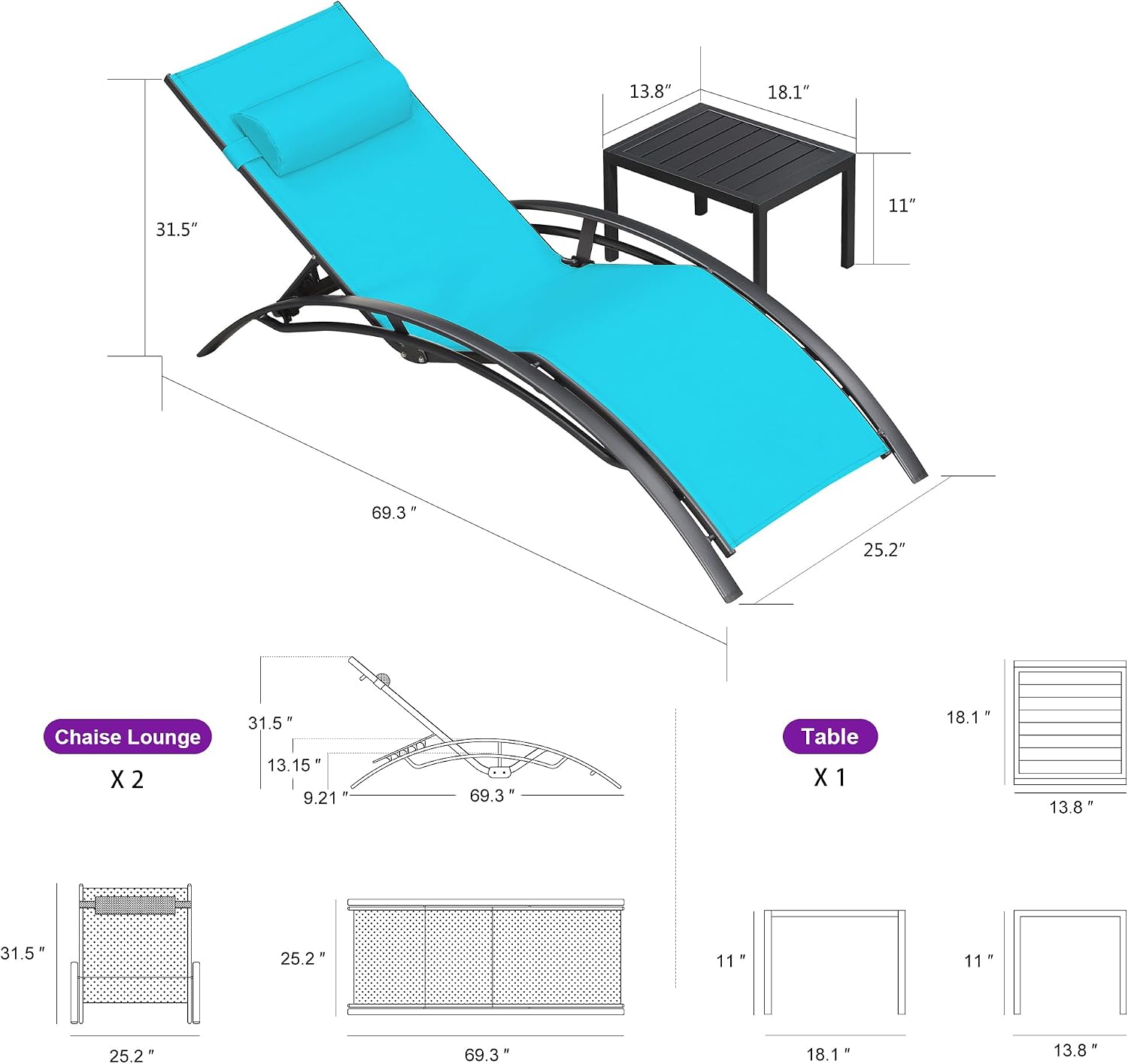PURPLE LEAF Patio Pool Lounge Chaise Set of 3 Outdoor Chair, Turquoise Blue | 2 Chaise + 1 Table, Aluminum Frame, UV Textilene Fabric, Adjustable Headrest & 5 Recline Angles, Stackable, S-Curve Backrest