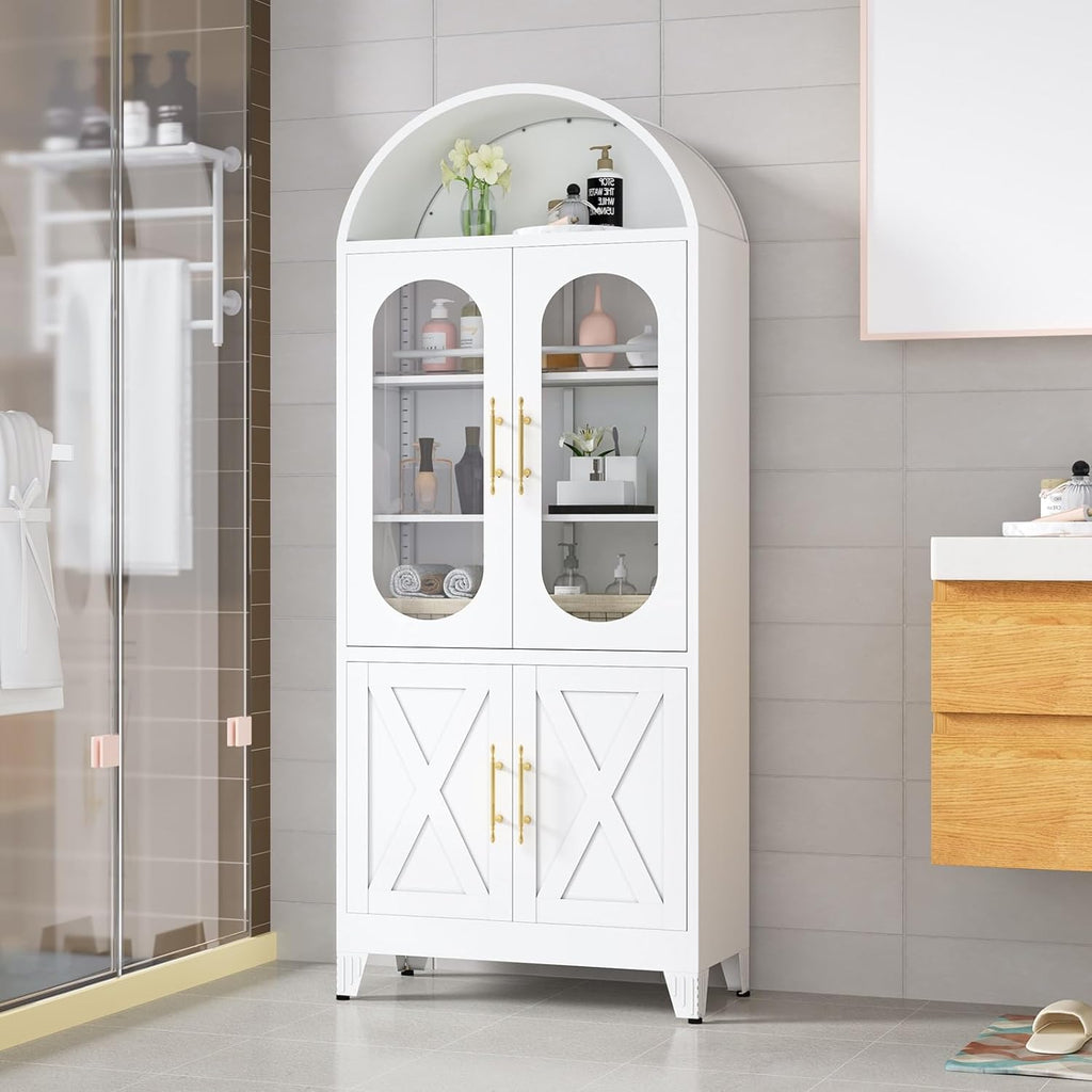 erosoei 73" H Metal Tall Arched Kitchen Pantry Cabinet, Modern Farmhouse China Storage Cabinets with Glass Door and Adjustable Shelves, Versatile Cupboard for Kitchen, Dining Room, Bathroom (White)