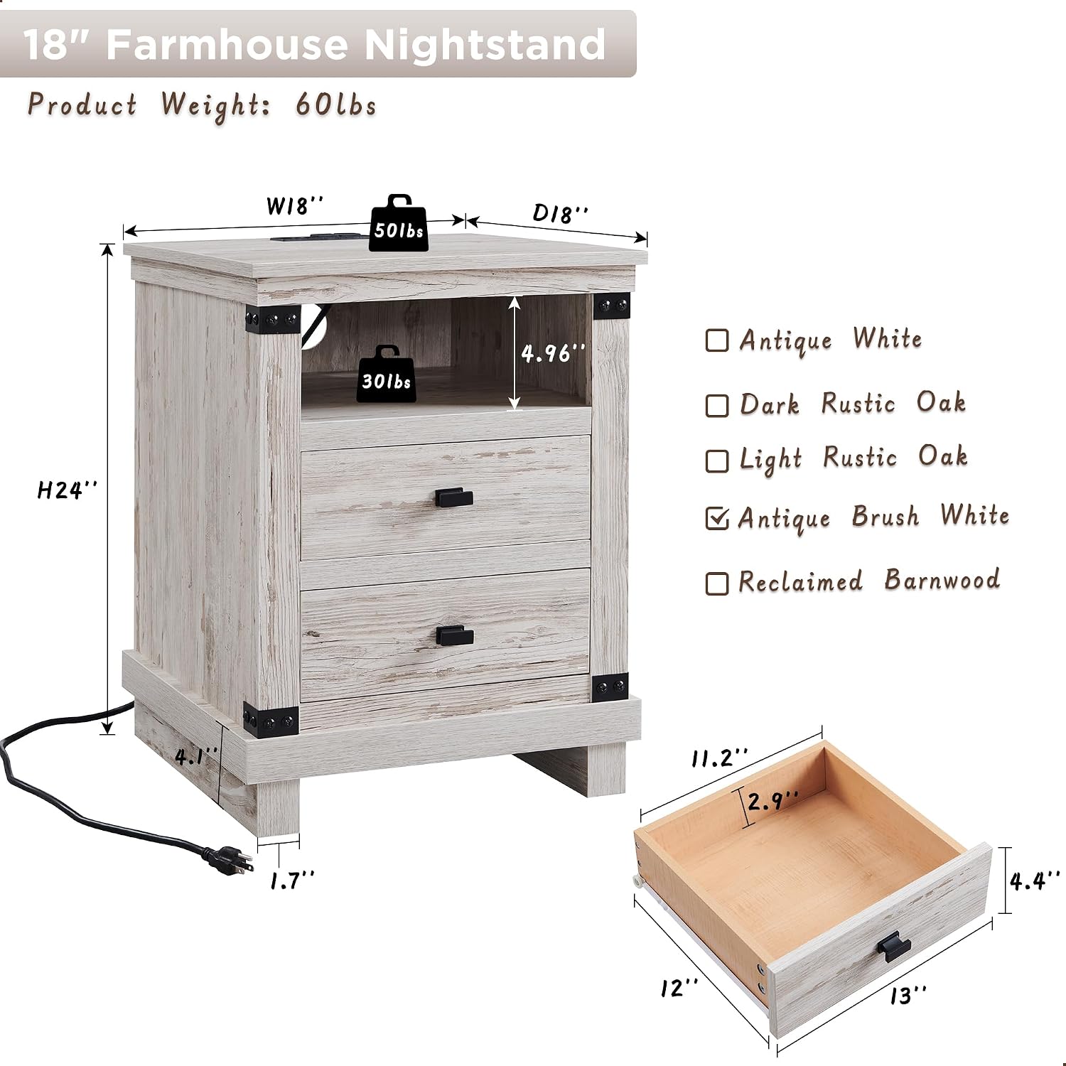 RedLemon Farmhouse Nightstand Set of 2 with Charging Station, 18" Rustic Night Stand with 2 Storage Drawers, Wood End Table for Bedroom, Living Room, Antique Brush White