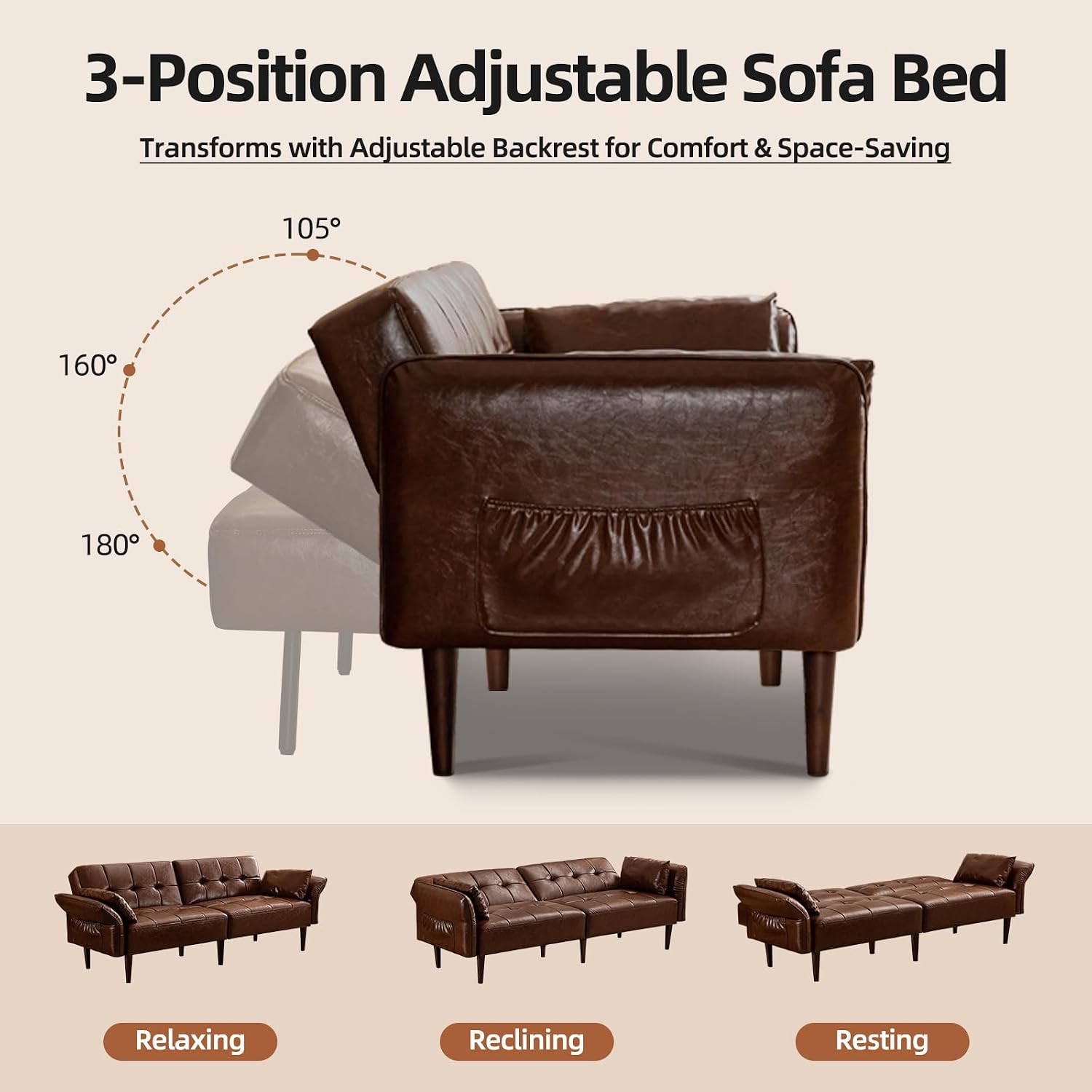 HALLYBEE 85" Futon Faux Leather Couch with Adjustable Armrests Red Brown | Futon Sofa Bed, Sleeper Sofa, Small Couch with Pillows, Side Pockets, Mid Century Modern, Living Room, Bedroom, Apartment