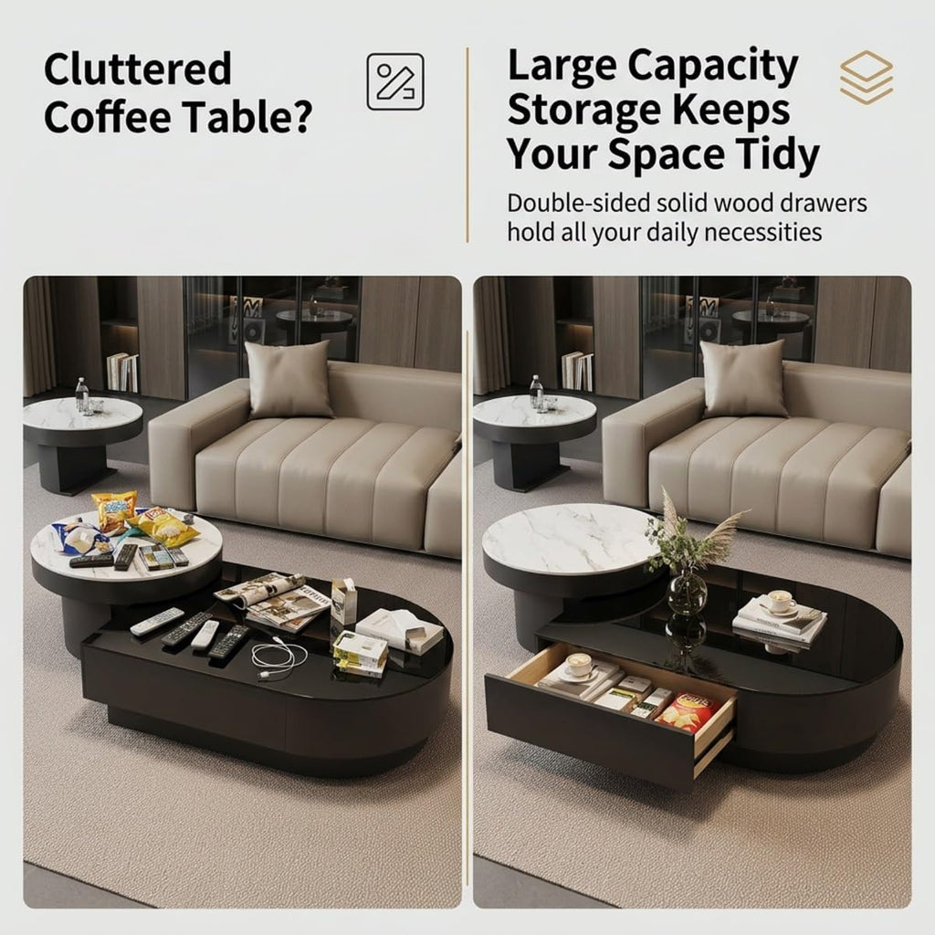 Contemporary Chic Sintered Stone Nesting Coffee Table Set of 2 with Drawer | Mesa de Centro para Sala with Storage, Multi-Purpose Accent Center Table for Living Room & Office(A,100cm/39.4in)