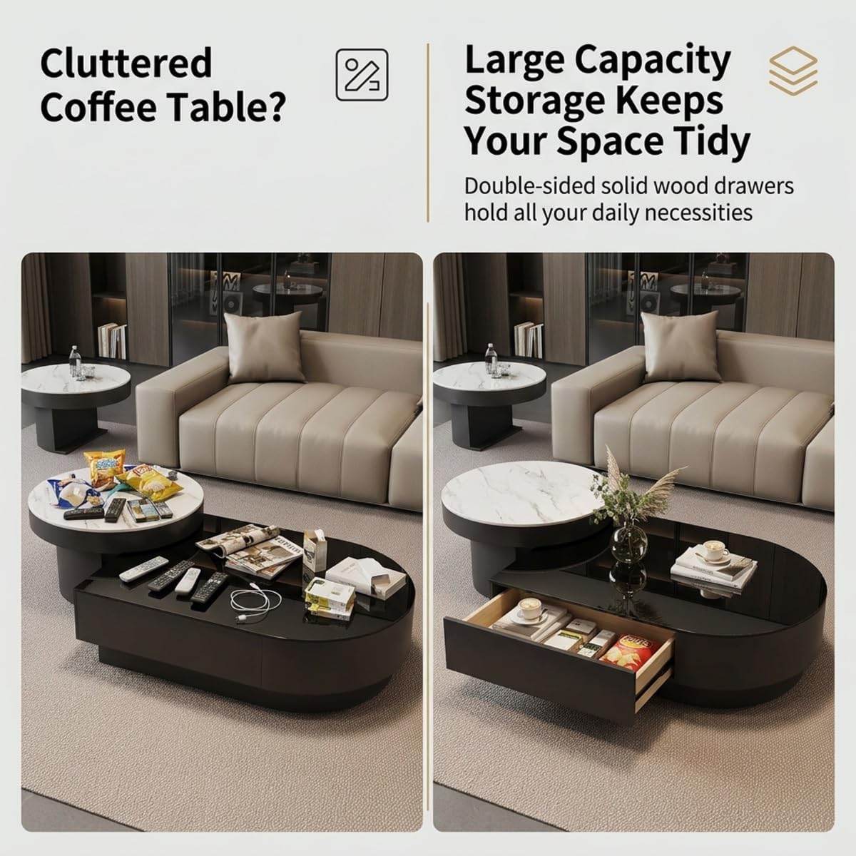 Contemporary Chic Sintered Stone Nesting Coffee Table Set of 2 with Drawer | Mesa de Centro para Sala with Storage, Multi-Purpose Accent Center Table for Living Room & Office(A,100cm/39.4in)
