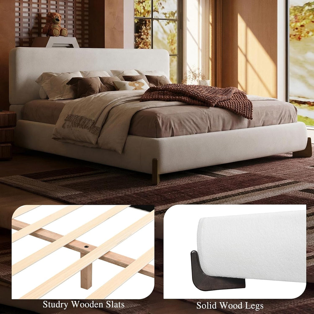 Kenhome Queen Size Boucle Cloud Bed Frame, White Upholstered Platform Bed with Soft Headboard, Solid Wood Legs, No Box Spring Required, Easy Assembly (Beige, Queen (U.S. Standard))