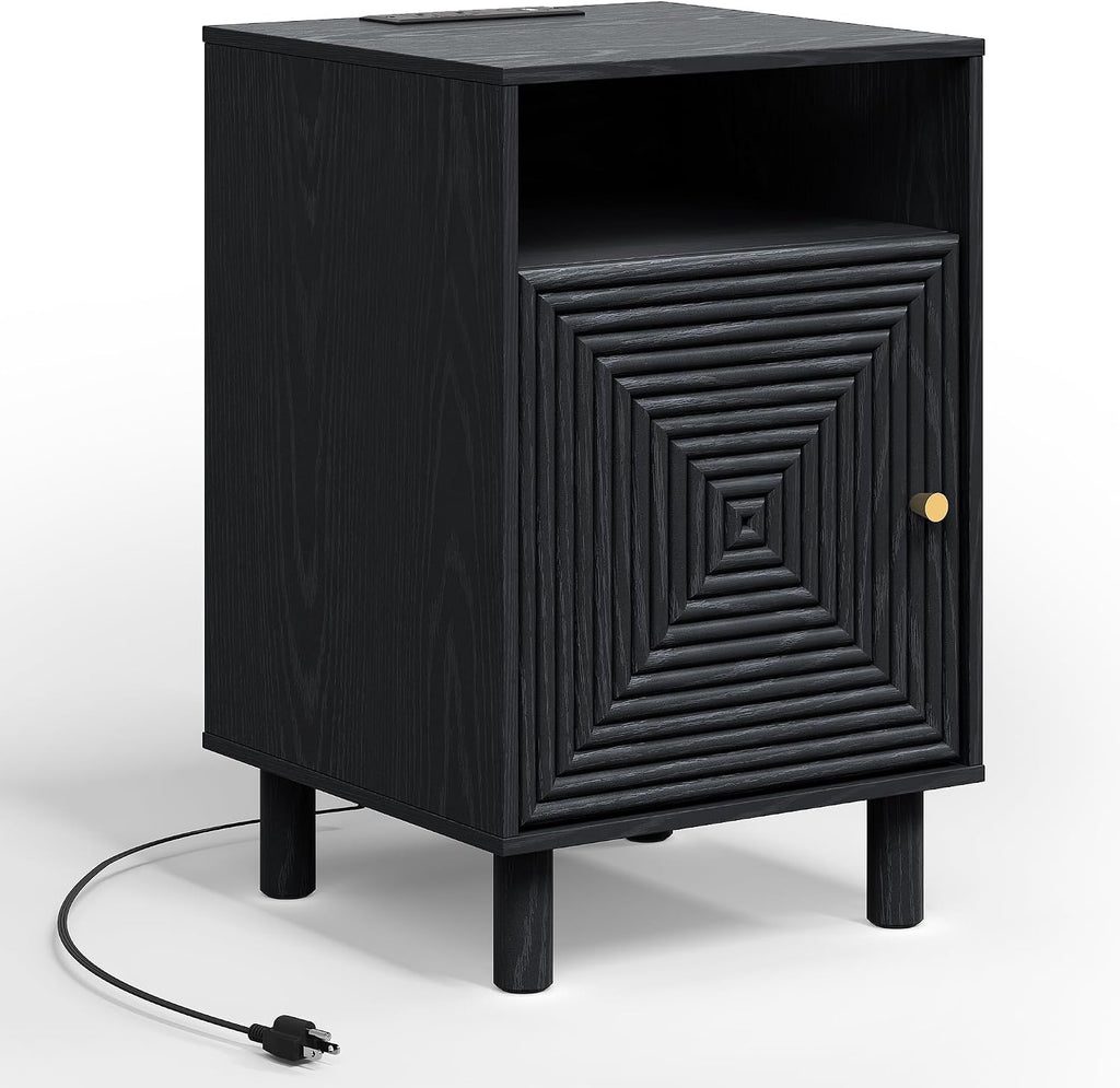 RoyalCraft Black Nightstand with Charging Station, End Table with Storage | Mid-Century Modern End Table for Living Room, Side Table with Solid Wood Legs, Bedside Table for Bedroom, Entryway