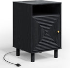 RoyalCraft Black Nightstand with Charging Station, End Table with Storage | Mid-Century Modern End Table for Living Room, Side Table with Solid Wood Legs, Bedside Table for Bedroom, Entryway