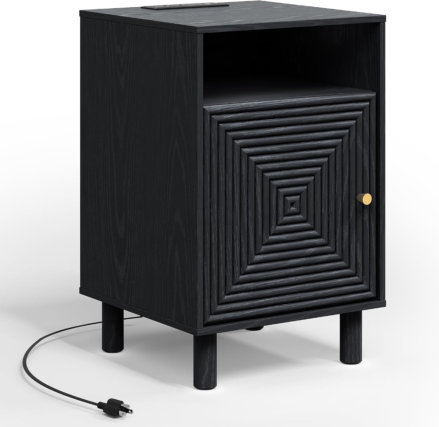 RoyalCraft Black Nightstand with Charging Station, End Table with Storage | Mid-Century Modern End Table for Living Room, Side Table with Solid Wood Legs, Bedside Table for Bedroom, Entryway