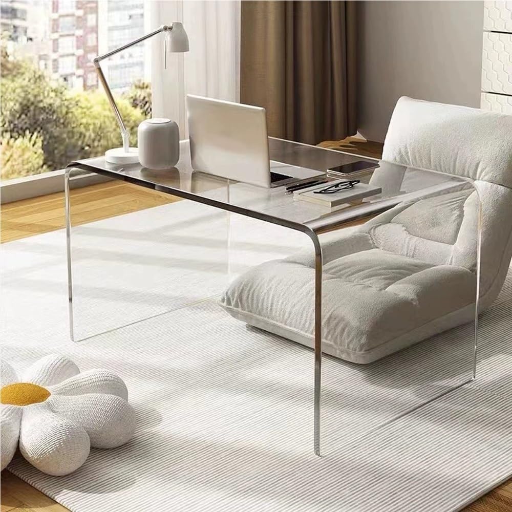 C-Shaped Acrylic End Table, Clear Side Table, Minimalist Rectangle Coffee Table, Small Nightstand for Living Room(Brown,60cm/23.6in)