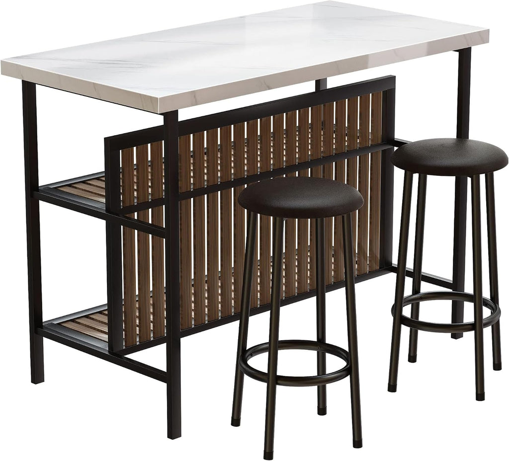 Recaceik 3 Piece Pub Set, Rectangular 2 Bar Stools, Faux Marble Dining Room Set of 2, Modern Counter Height Table with Storage, Kitchen Island with Seating, White