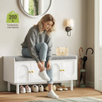Shoe Storage Bench, 2-Tier Entryway Bench with Cushion, 15" D x 39.4" W x 19.7" H, Shoe Cabinet Bench with 4 Doors and Adjustable Shelves, for Entryway, Hallway, Bedroom, Living Room, White