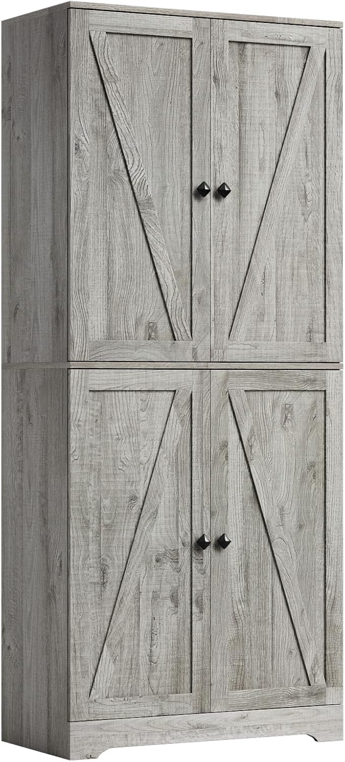 LYNSOM Farmhouse Storage Cabinet with 4 Barn Doors and Adjustable Shelves, Grey丨72 Tall Pantry Cabinet, Freestanding Buffet Cupboards Sideboard for Kitchen, Dining Room, Livingroom