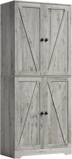 LYNSOM Farmhouse Storage Cabinet with 4 Barn Doors and Adjustable Shelves, Grey丨72 Tall Pantry Cabinet, Freestanding Buffet Cupboards Sideboard for Kitchen, Dining Room, Livingroom