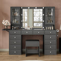 Yanosaku 55''W Makeup Vanity Desk with Mirror and Lights, 12 Drawers, Black | 3 Lighting Modes, Power Outlet, Glass Top, 2 Cabinets, Fold-up Panel, Vanity Stool Included, Fits Bedroom Dressing Room
