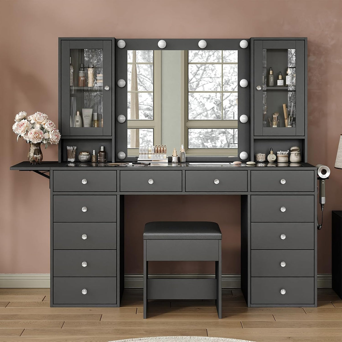 Yanosaku 55''W Makeup Vanity Desk with Mirror and Lights, 12 Drawers, Black | 3 Lighting Modes, Power Outlet, Glass Top, 2 Cabinets, Fold-up Panel, Vanity Stool Included, Fits Bedroom Dressing Room