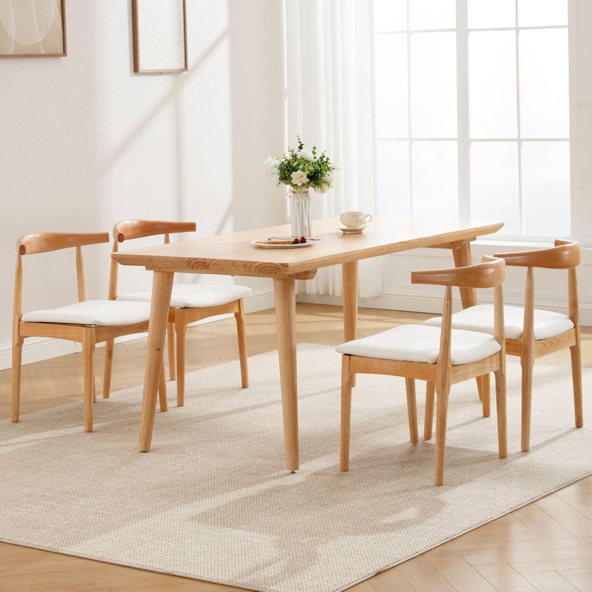 ROCITY Wood Dining Chairs Set of 4 Fabric Kitchen Chairs with Linen Cushion and Barrel Backs Mid Century Modern Dining Room Chairs Natural Wood