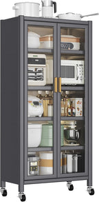 Kitchen Pantry Metal Kitchen Shelving Floor-to-Ceiling Multilevel Household Microwave Bowls Storage Cabinet on Wheels for Kitchen, Living Room, Dining Room, Grey