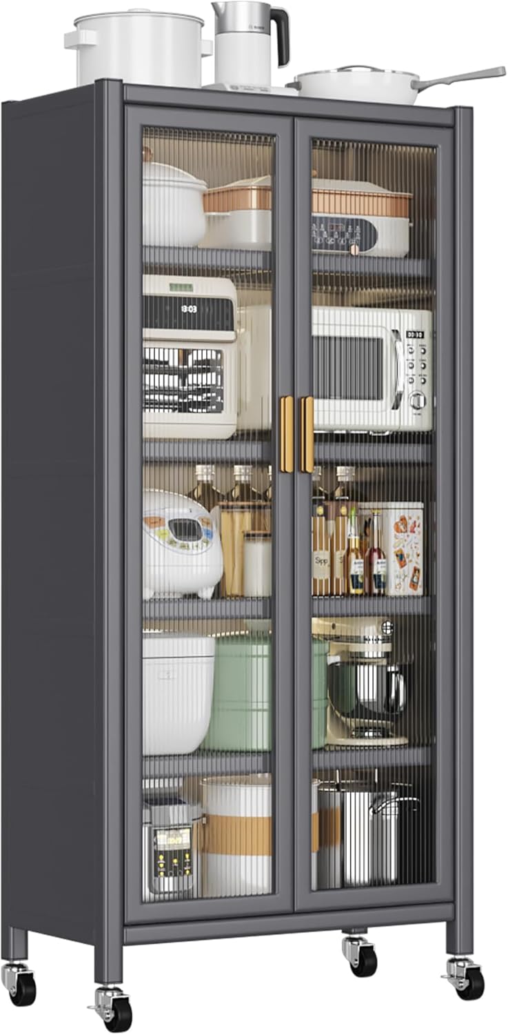 Kitchen Pantry Metal Kitchen Shelving Floor-to-Ceiling Multilevel Household Microwave Bowls Storage Cabinet on Wheels for Kitchen, Living Room, Dining Room, Grey