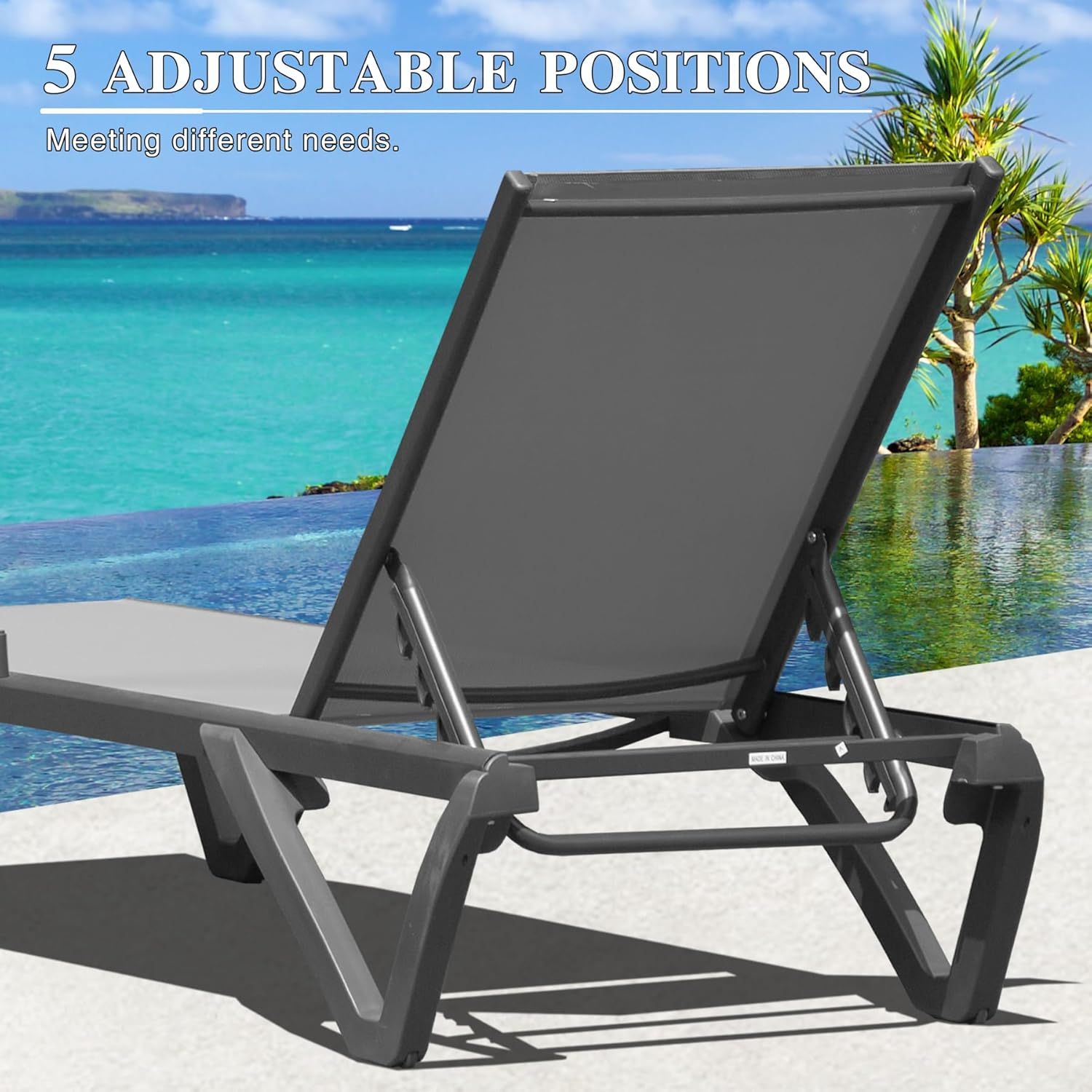 Domi Aluminum Pool Lounge Chair Outdoor Set of 2 Chaise Lounge Outdoor | Gray, Side Table, Wheels, Adjustable, Textilene, All Weather, Poolside, Backyard, Patio, Deck, Outside
