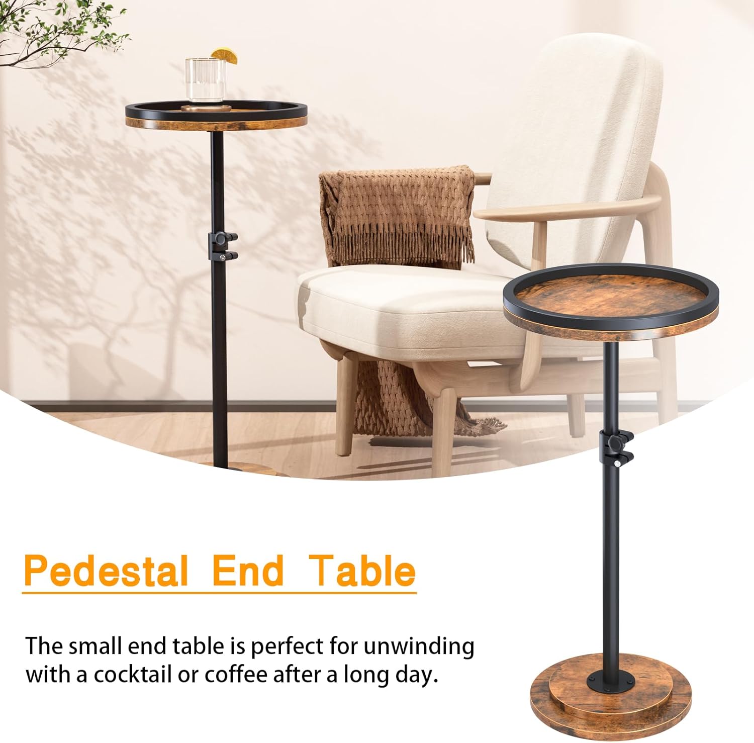 Small Side Table, Drink Table, Height Adjustable Round End Table, Pedestal Side Table for Small Spaces in Living Room, Bedroom, Brown