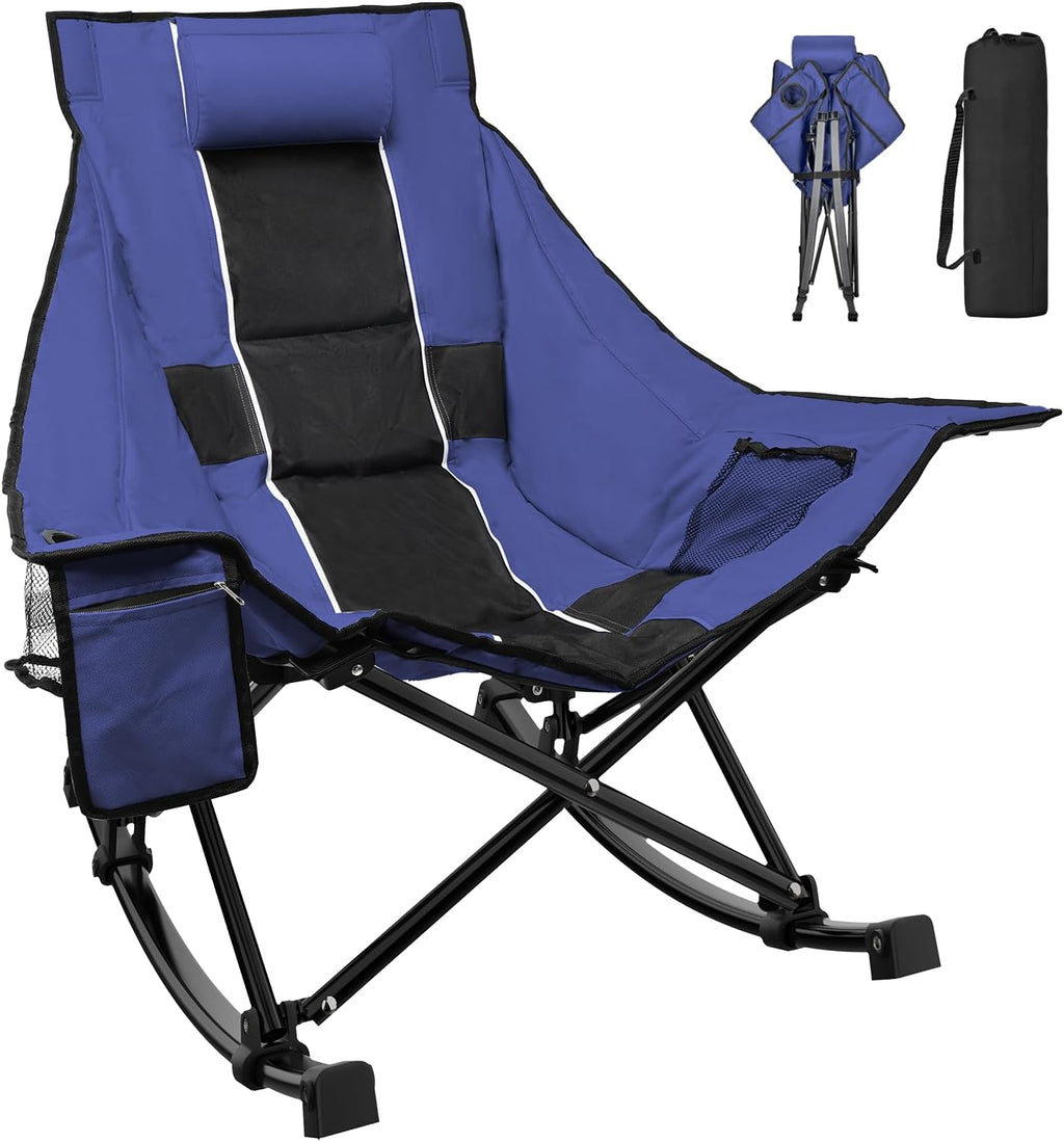 Slendor Oversized Rocking Camping Chair, High Backrest Folding Chair, Blue | 37" Wide, 330lbs | Smooth U-Shape Rocking Base | 600D Oxford, Removable Pillow | Side Pocket, Carry Bag, Quick-Fold