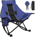 Slendor Oversized Rocking Camping Chair, High Backrest Folding Chair, Blue | 37" Wide, 330lbs | Smooth U-Shape Rocking Base | 600D Oxford, Removable Pillow | Side Pocket, Carry Bag, Quick-Fold