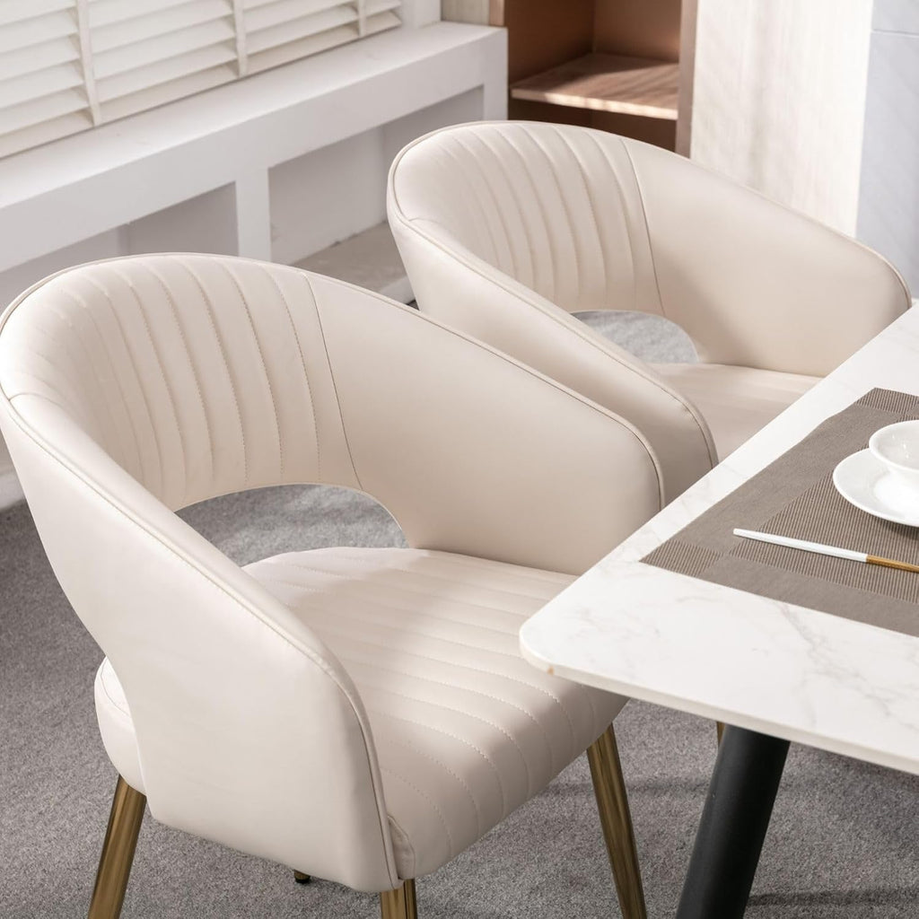 Hyfirm Set of 4 Cream Leather Dining Chairs, Modern Upholstered Kitchen Chairs Gold Metal Legs, Hollow Back, Accent Side Chair for Dining Room/Livingroom/Reception/Restaurant