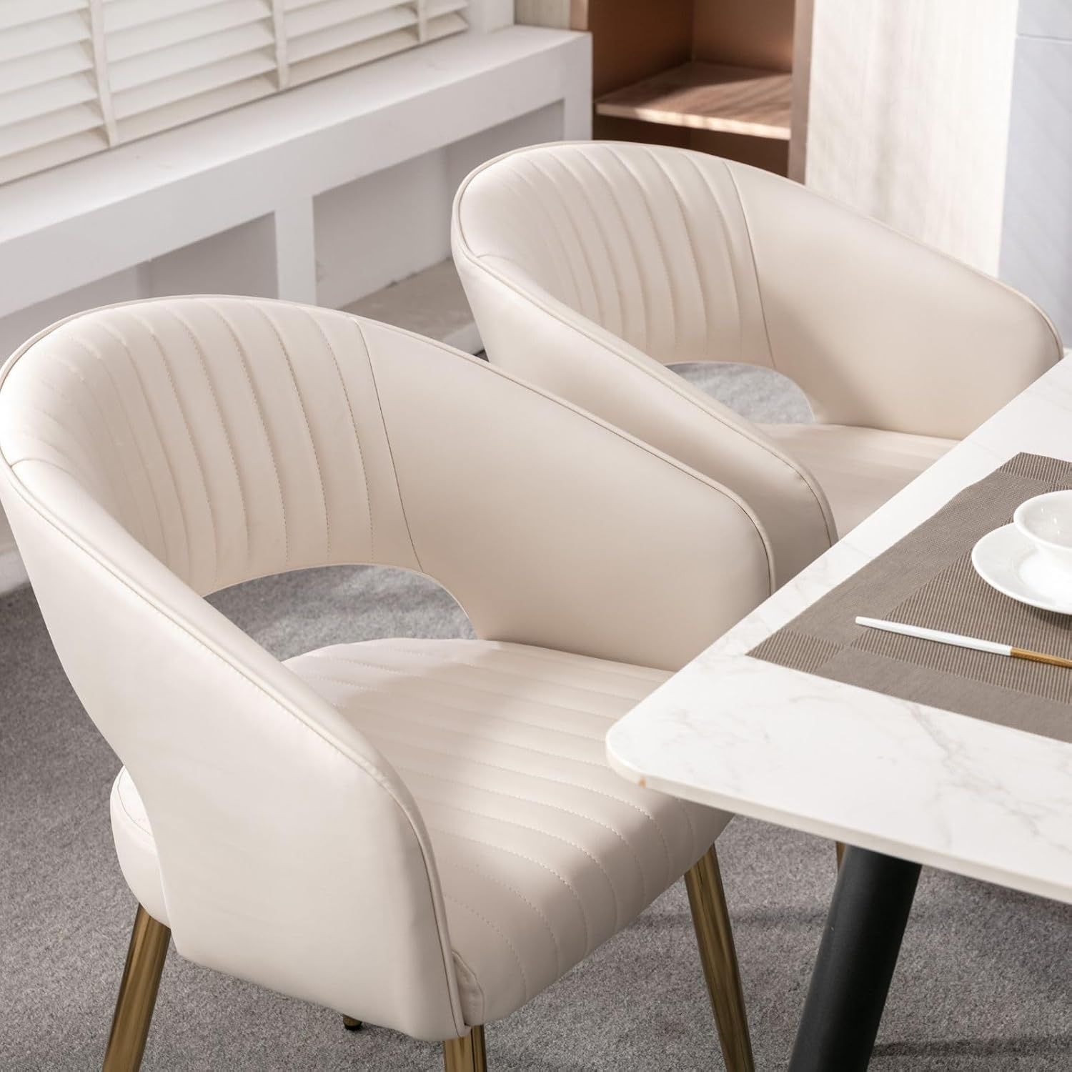 Hyfirm Set of 4 Cream Leather Dining Chairs, Modern Upholstered Kitchen Chairs Gold Metal Legs, Hollow Back, Accent Side Chair for Dining Room/Livingroom/Reception/Restaurant