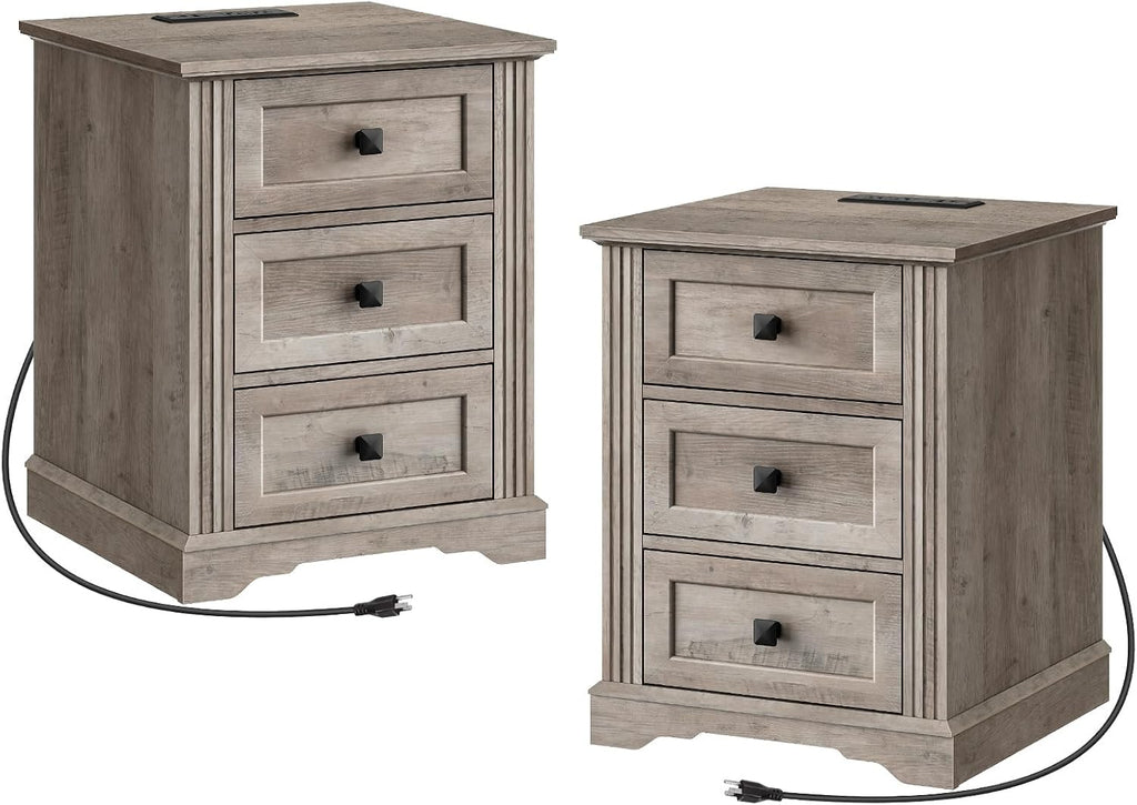 RALGEND Nightstand Set of 2, Night Stand with 3 Drawers, 18 Inch Wide End Table with Charging Station, Farmhouse Nightstand, Bedside End Tables Living Room, Bedroom, Greige