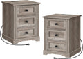 RALGEND Nightstand Set of 2, Night Stand with 3 Drawers, 18 Inch Wide End Table with Charging Station, Farmhouse Nightstand, Bedside End Tables Living Room, Bedroom, Greige