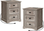 RALGEND Nightstand Set of 2, Night Stand with 3 Drawers, 18 Inch Wide End Table with Charging Station, Farmhouse Nightstand, Bedside End Tables Living Room, Bedroom, Greige