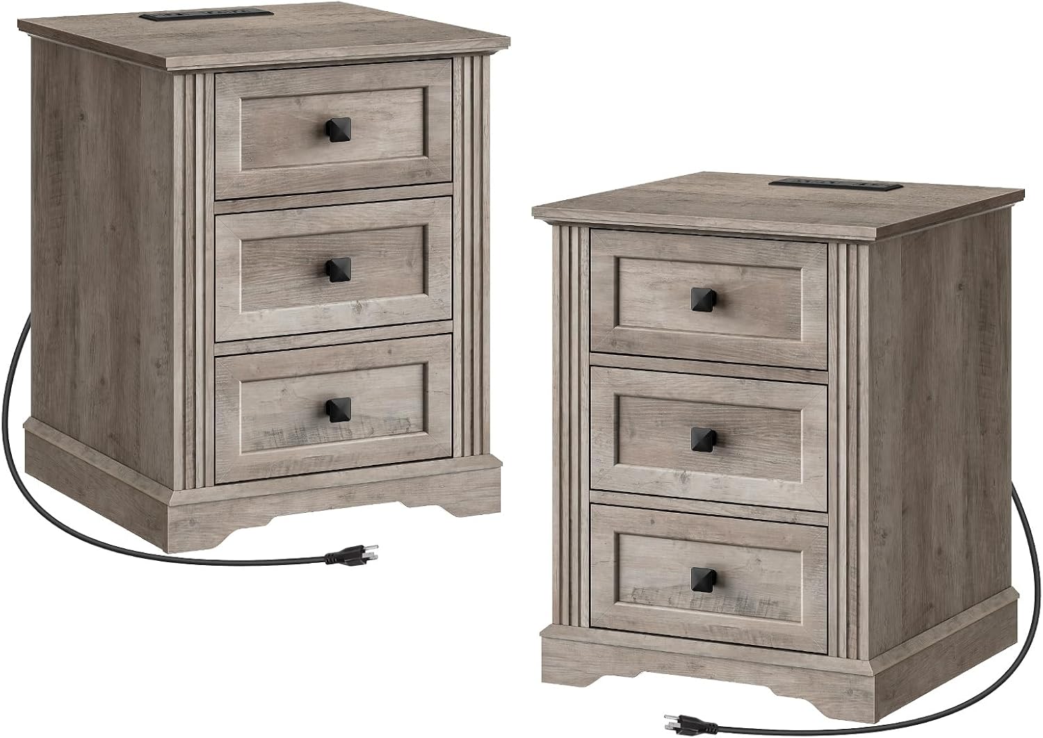 RALGEND Nightstand Set of 2, Night Stand with 3 Drawers, 18 Inch Wide End Table with Charging Station, Farmhouse Nightstand, Bedside End Tables Living Room, Bedroom, Greige
