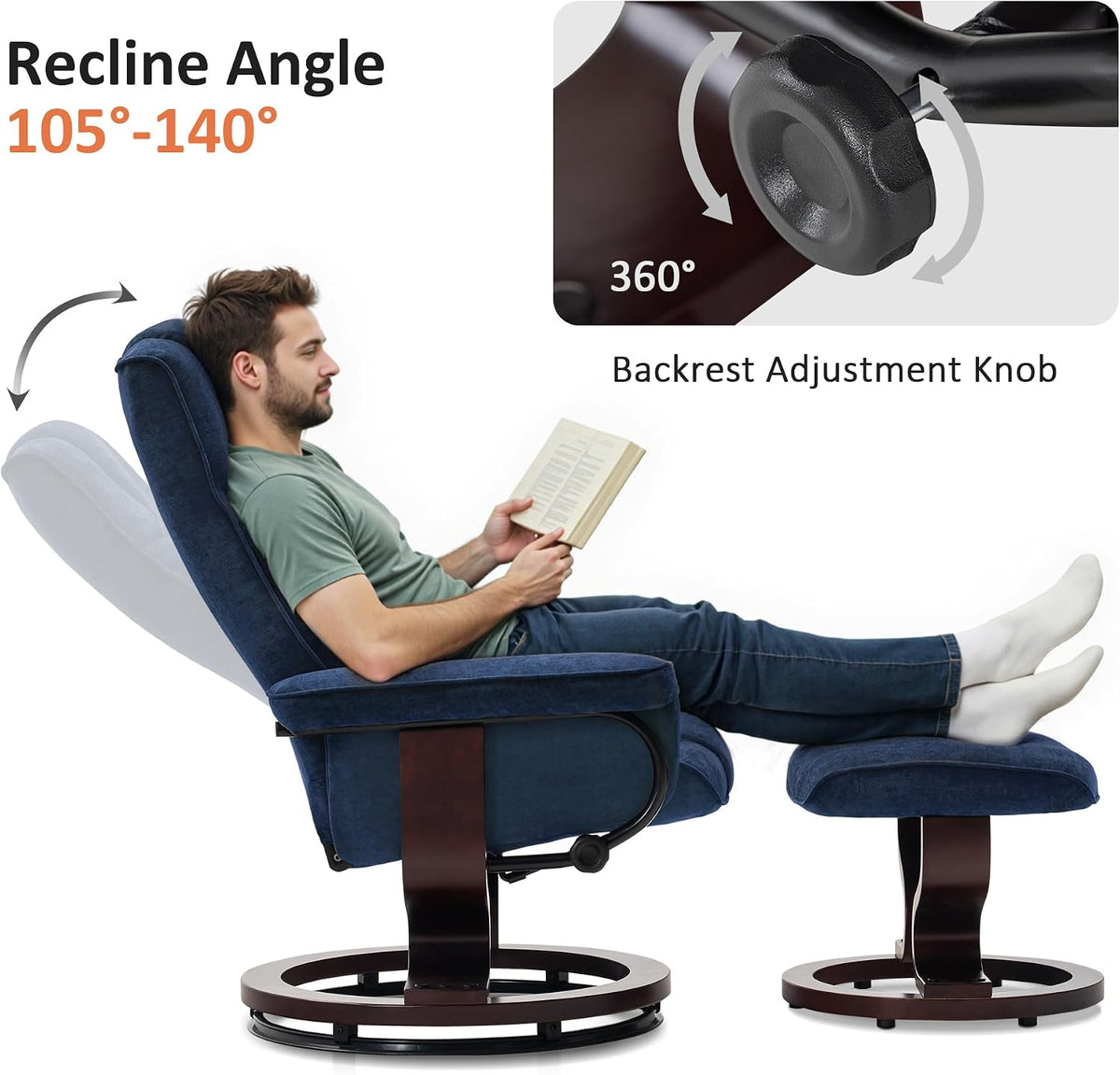 MCombo Manual Swivel Recliner with Ottoman, Chair Ottoman Set for RV Small Spaces, Living Room, Bedroom, Office 4919 (Chenille, Blue)