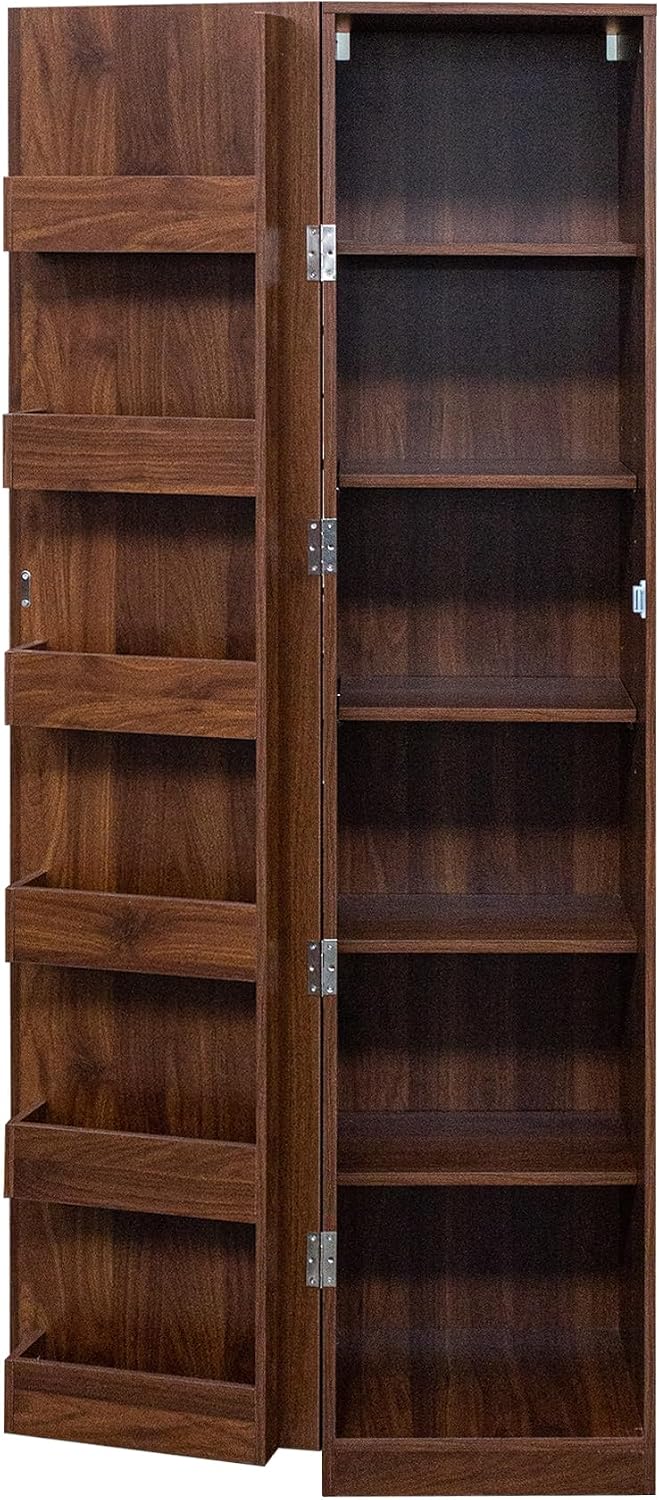 70" Tall Slim Pantry Cabinet with Side Racks & Adjustable Shelves (Walnut) | Space Saving Freestanding Slim Narrow Cabinet Single Door with Shelves & Racks for Kitchen Dining Room Small Spaces