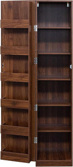 70" Tall Slim Pantry Cabinet with Side Racks & Adjustable Shelves (Walnut) | Space Saving Freestanding Slim Narrow Cabinet Single Door with Shelves & Racks for Kitchen Dining Room Small Spaces