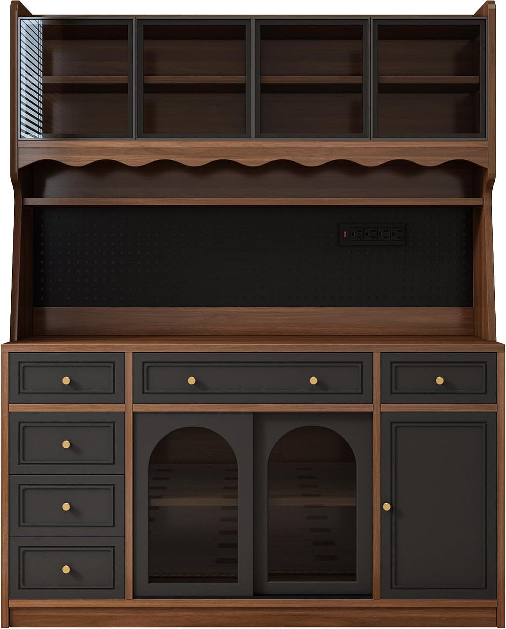 63" W Farmhouse Buffet Cabinet with Hutch, Freestanding Coffee Bar Sideboard with 6 Drawers, 4 Cabinets, Adjustable Shelves, Pegboard and Power Outlet for Dining Room Storage Cabinet,Brown Black
